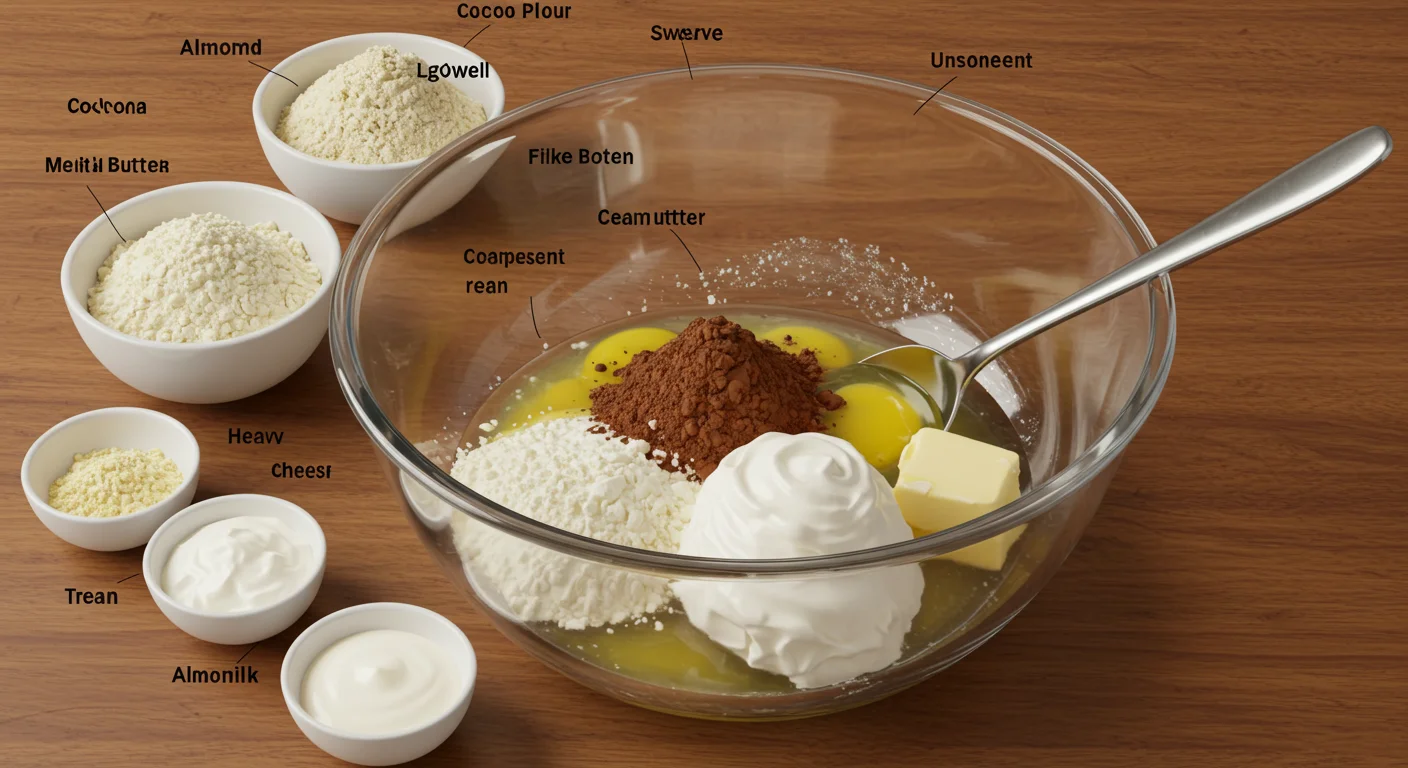 Keto Low Carb Dessert Bliss Glass bowl with almond flour, cocoa powder, sweetener, and butter, surrounded by small bowls of keto dessert ingredients on a wooden countertop.