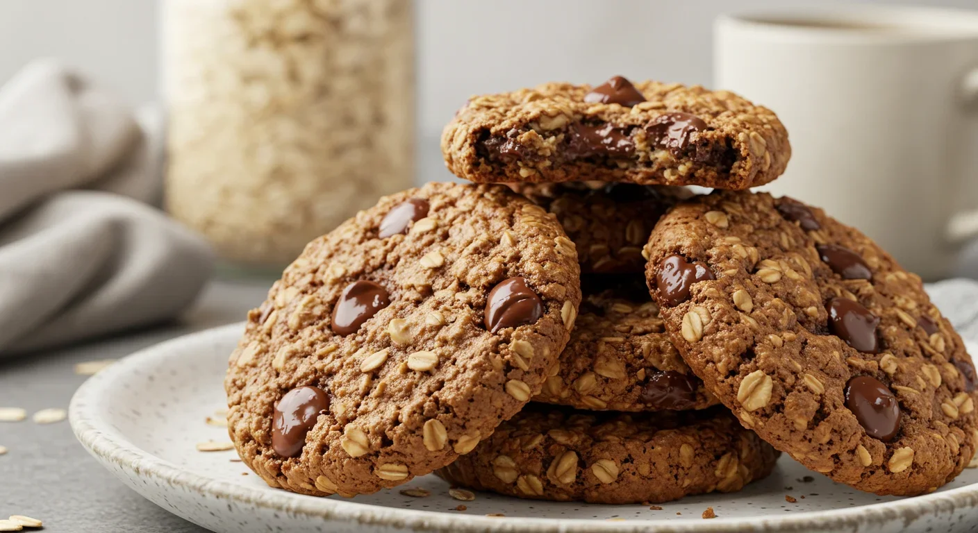 Keto Chocolate Chip Cookies Close-up of keto cookies on a plate, showing melty chocolate chips, with almond milk and a napkin in the background.