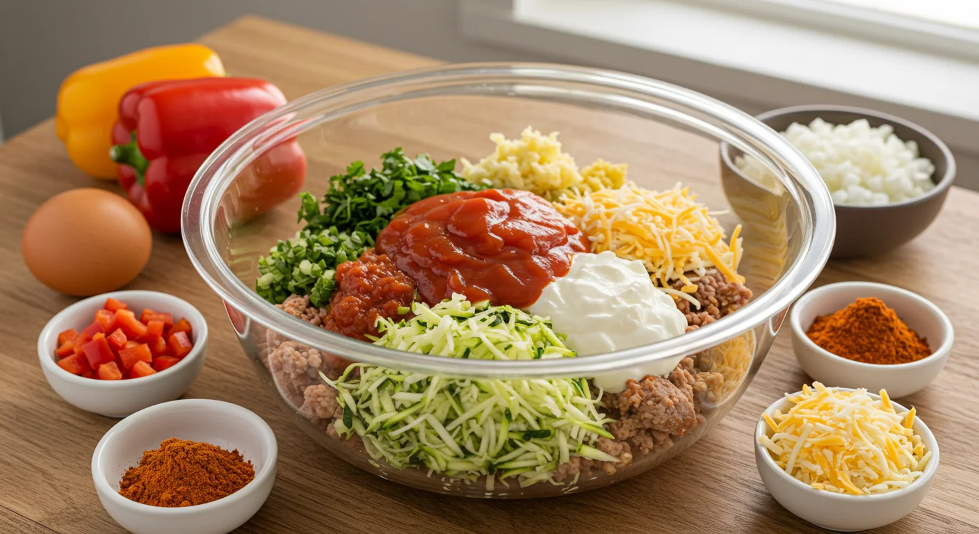 Mexican Keto Taco Lasagna Mexican Keto Taco Lasagna ingredients in a glass bowl, including zucchini, ground turkey, salsa, and cheese, with natural, warm lighting.