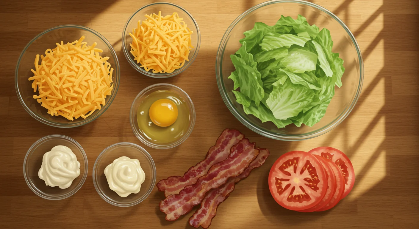 Keto BLT Chaffle Sandwich Ingredients for Keto BLT Chaffle Sandwich in a glass bowl: cheese, egg, lettuce, tomato, bacon, and mayonnaise on a wooden countertop.