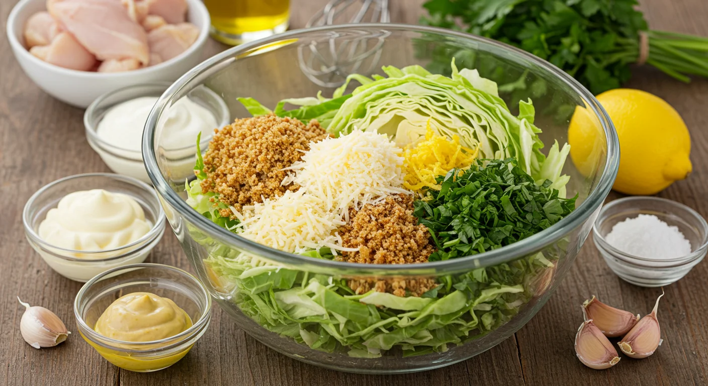 High-Protein Caesar Salad Glass bowl with cabbage, Parmesan, breadcrumbs, and parsley, surrounded by small bowls of dressing ingredients on a wooden table.