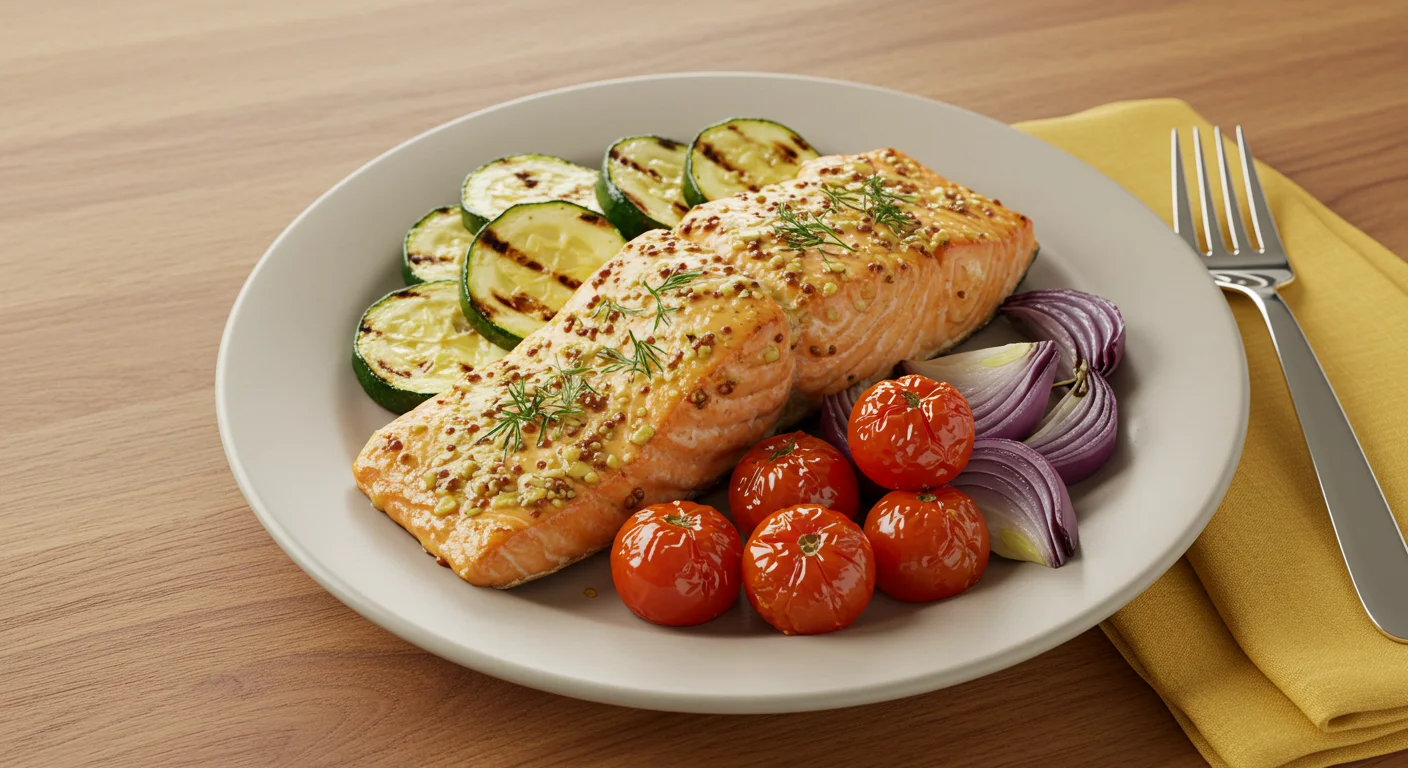 High-Protein Grilled Salmon & Veggies Casual handheld photo of grilled mustard-dill salmon with zucchini, red onions, and cherry tomatoes on a wooden table.