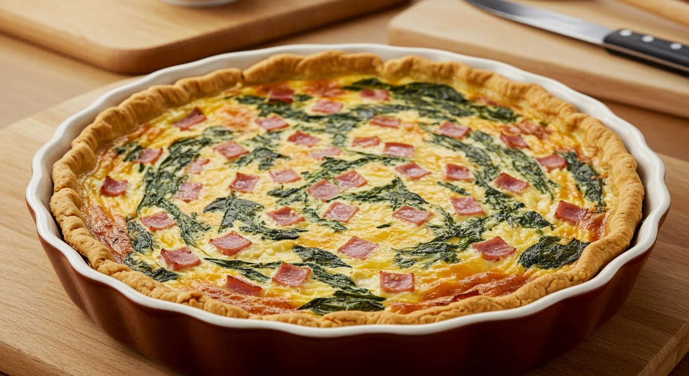 High-Protein Ham & Spinach Quiche Golden-baked ham and spinach quiche in a ceramic dish, captured with a handheld mobile camera.