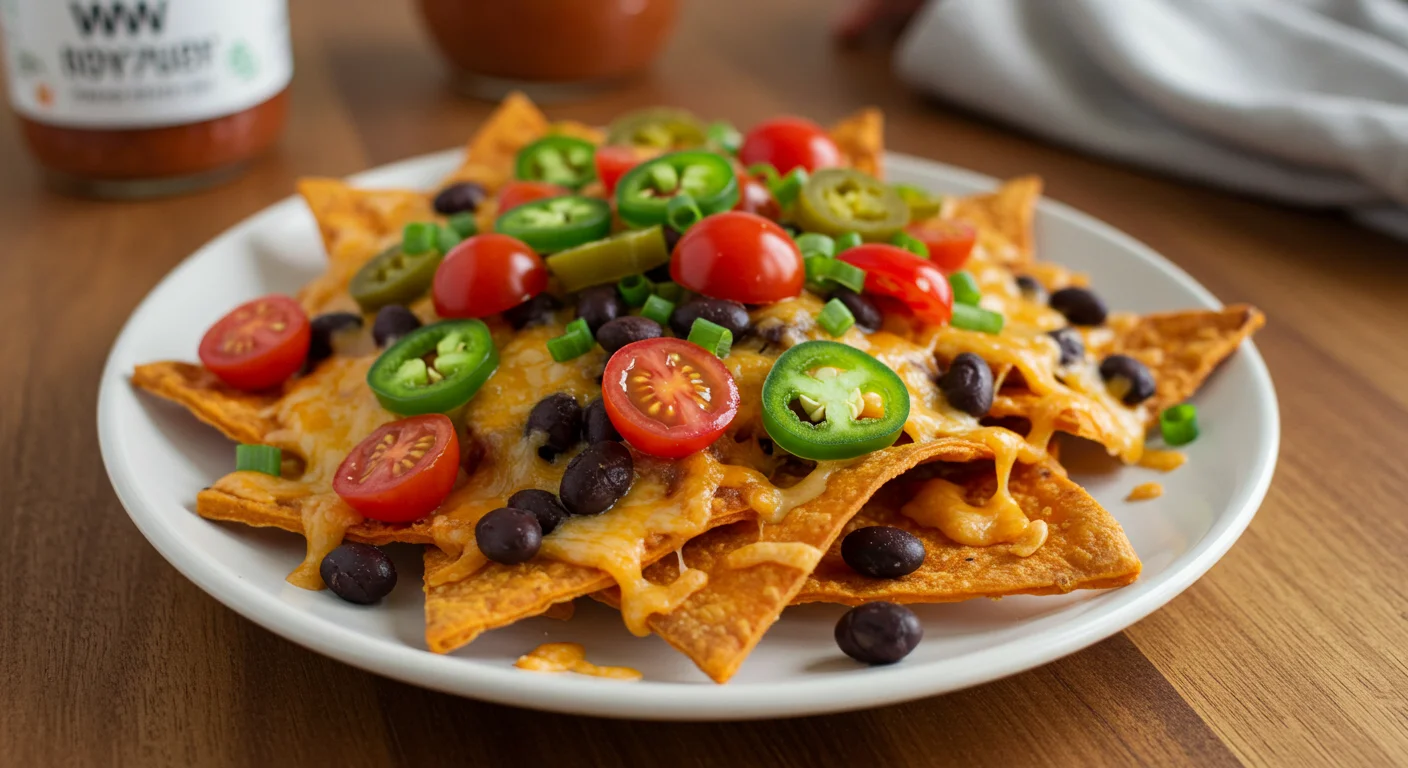 WW Vegetarian Sweet Potato Nachos WW Vegetarian Sweet Potato Nachos on a wooden table, topped with cheese, black beans, tomatoes, and jalapeños, captured with a mobile camera.