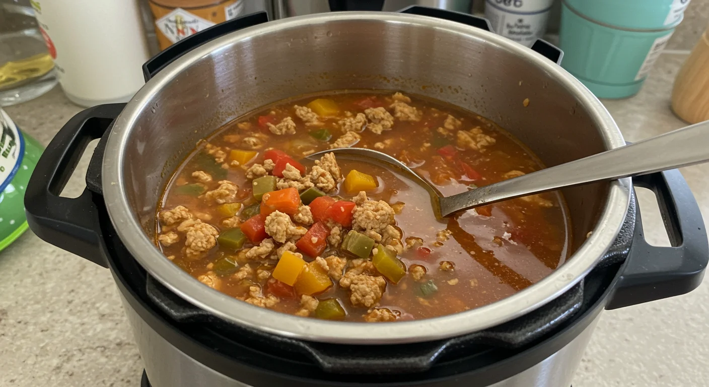 Zero Point WW Stuffed Pepper Soup Zero Point WW Stuffed Pepper Soup in an Instant Pot with colorful peppers, turkey, and tomato broth, captured casually in a home kitchen.