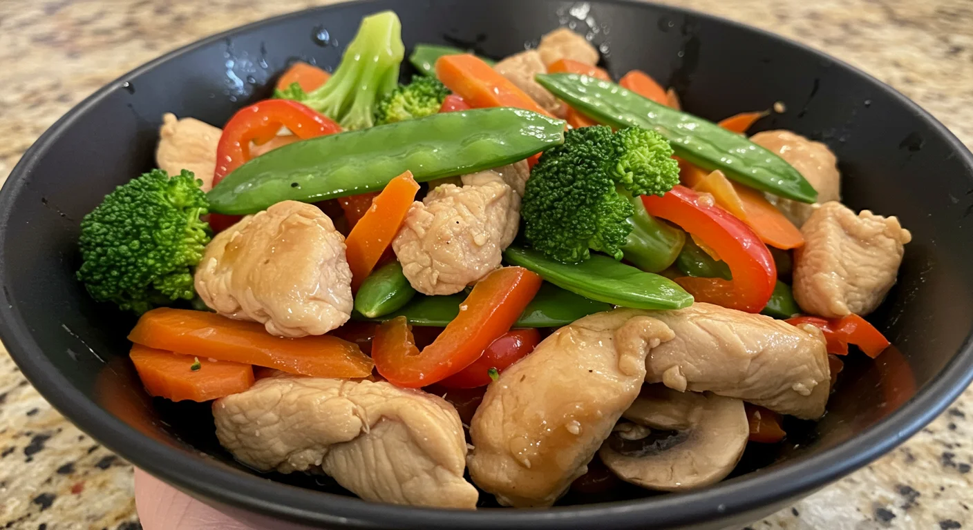 Zero Point WW Chicken Stir-Fry Zero-point WW chicken stir-fry in a black bowl with colorful veggies and chicken, casually photographed on a granite countertop.