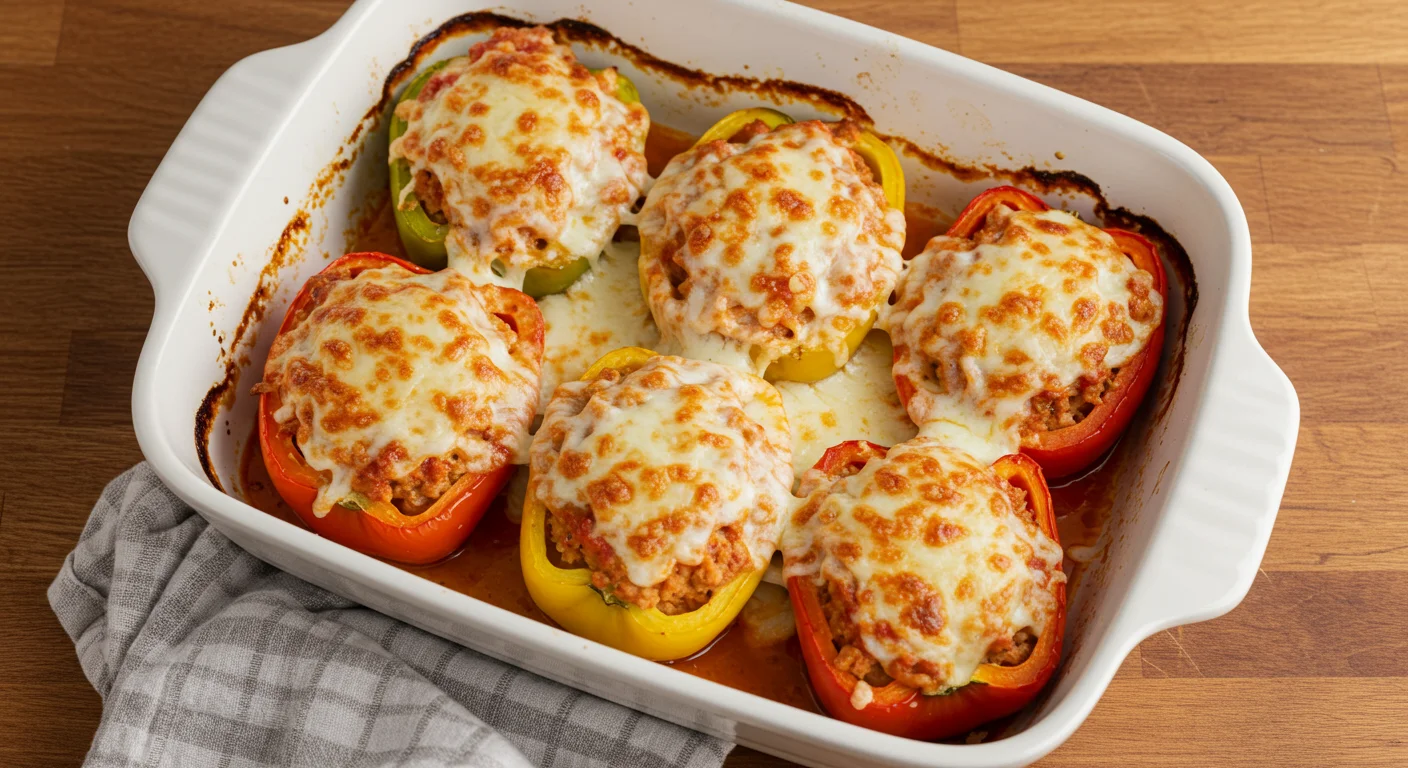 One-Point WW Ground Chicken Stuffed Peppers Freshly baked one-point WW Ground Chicken Stuffed Peppers in a white baking dish, topped with golden cheese, on a wooden table with natural light.