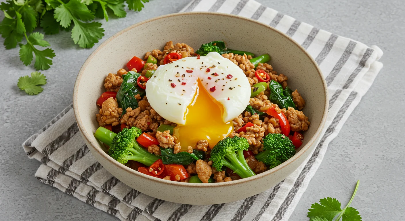 WW Zero Point Asian Chicken Stir-Fry Overhead shot of WW zero point Asian chicken stir-fry with chili eggs in a ceramic bowl, featuring colorful veggies, chicken, and a poached egg with a runny yolk.