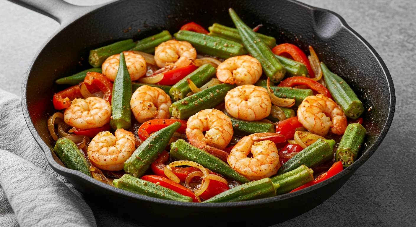 High-Protein Spicy Okra & Shrimp Casual mobile shot of cooked spicy shrimp, okra, and veggies in a cast-iron skillet on a kitchen counter with natural light.