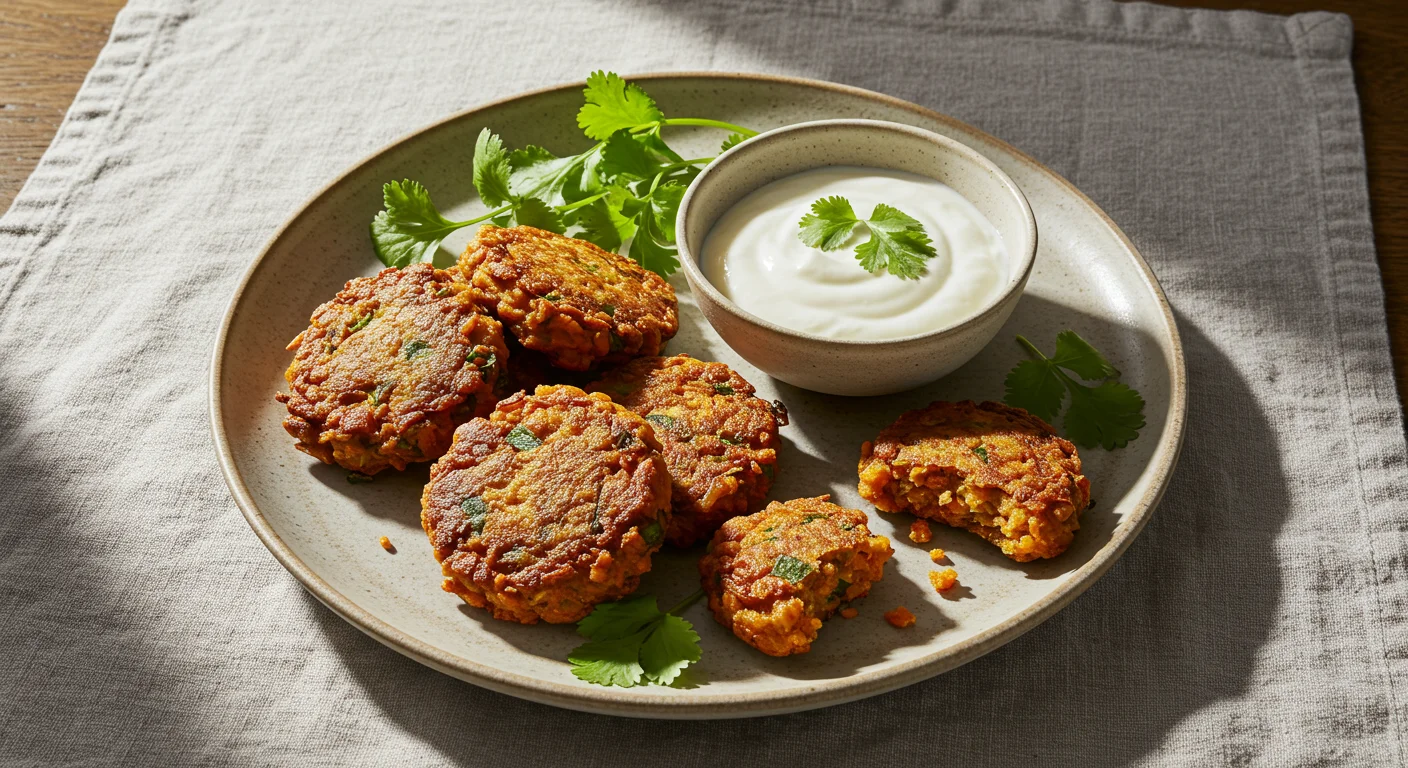 high-protein Red Lentil Fritters Crispy red lentil fritters on a plate with yogurt sauce, garnished with cilantro, captured in casual handheld style.