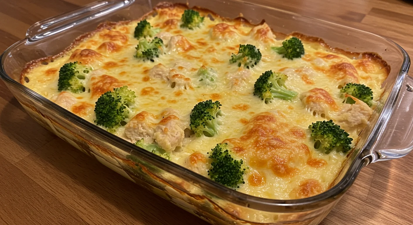 Chicken Broccoli Cream Cheese Casserole Freshly baked Keto Chicken Broccoli Cream Cheese Casserole with golden melted cheese in a baking dish.