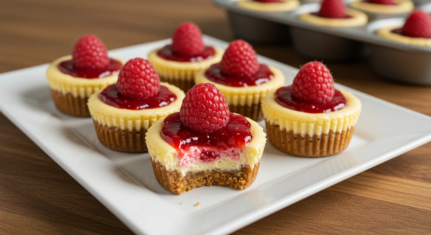 Keto Raspberry Cheesecake Bites Keto Raspberry Cheesecake Bites on a white plate with a golden crust, creamy filling, and raspberry topping, casually captured on a wooden table.