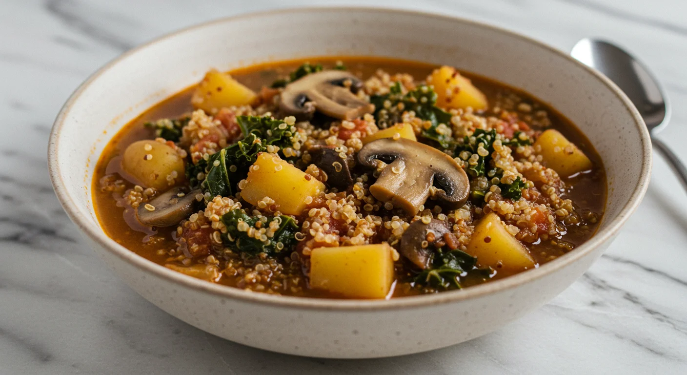 High-Protein Mushroom Stew A bowl of High-Protein Mushroom Stew with mushrooms, kale, potatoes, and quinoa in tomato broth, casually photographed on a marble countertop.