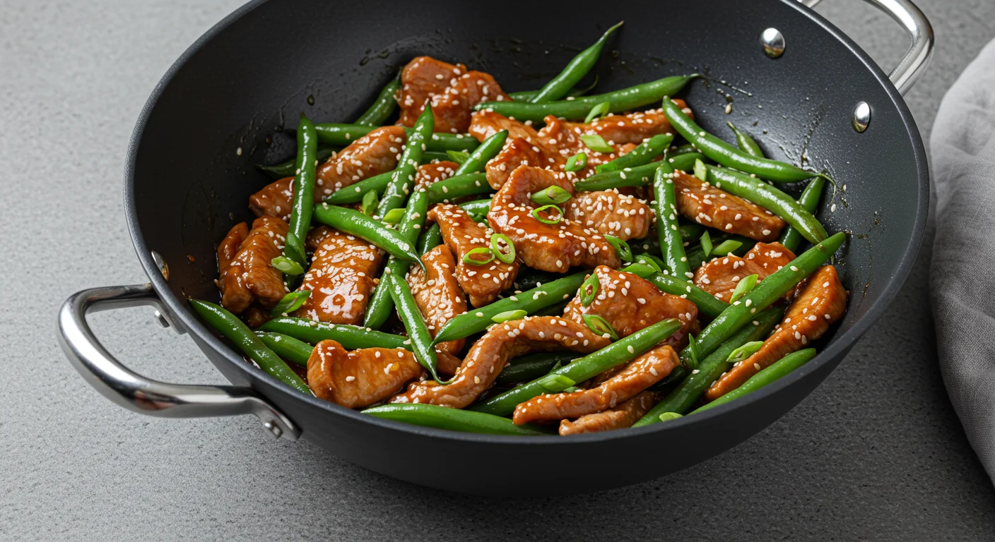 High-Protein Pork Stir-Fry Side-angle photo of pork and green bean stir-fry in a black wok, highlighting the shiny sauce, garnishes, and a homey kitchen background.