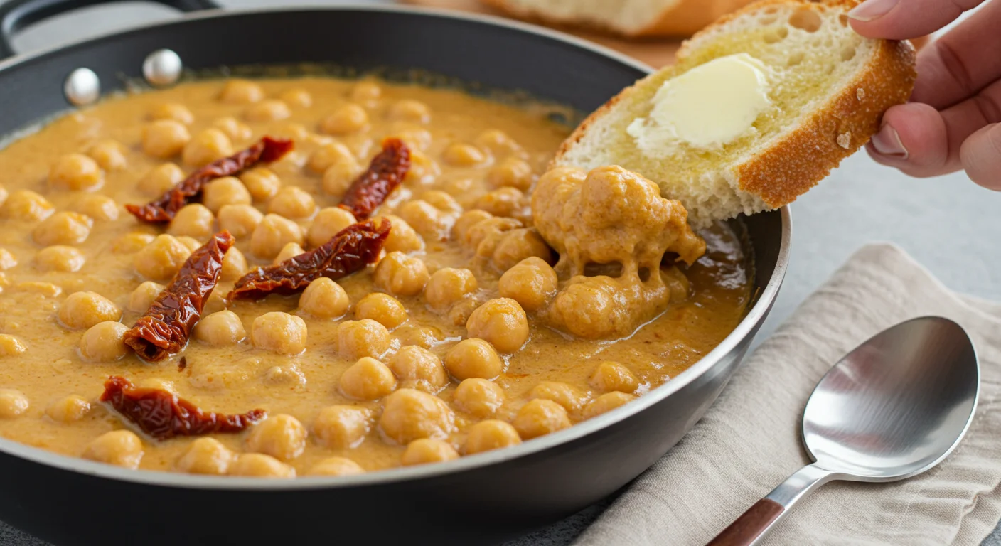 High-Protein Chickpea Side-angle shot of creamy Marry Me Chickpeas with sun-dried tomatoes, buttered bread partially dipped, and casual kitchen elements nearby.