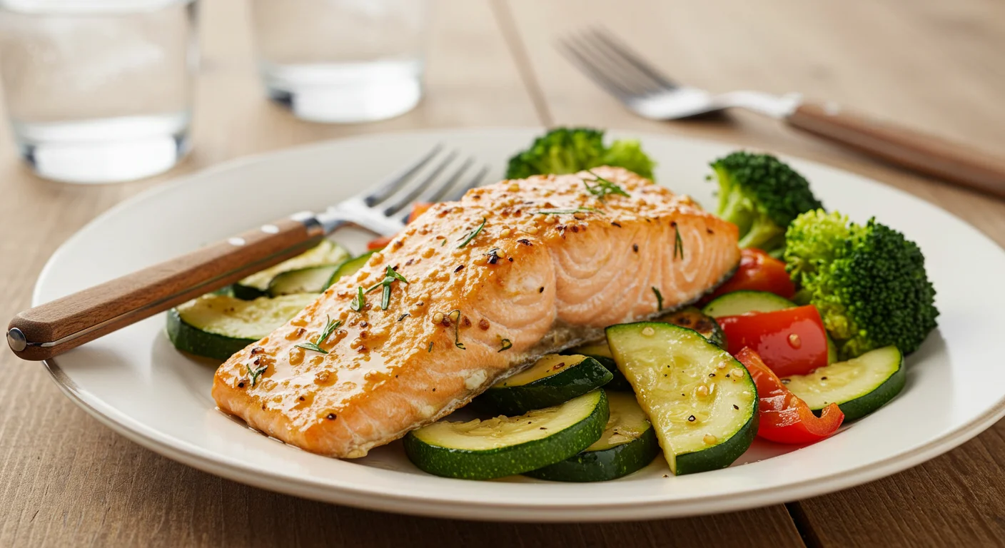 High-Protein Grilled Salmon & Veggies Close-up of mustard-dill salmon and grilled vegetables with char marks, shot from a top-down angle with a blurred background.