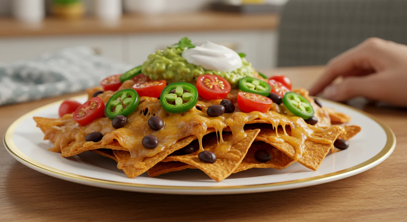 WW Vegetarian Sweet Potato Nachos Side view of WW Vegetarian Sweet Potato Nachos on a white plate with cheese, beans, and jalapeños, set on a wooden table with a blurred kitchen background.