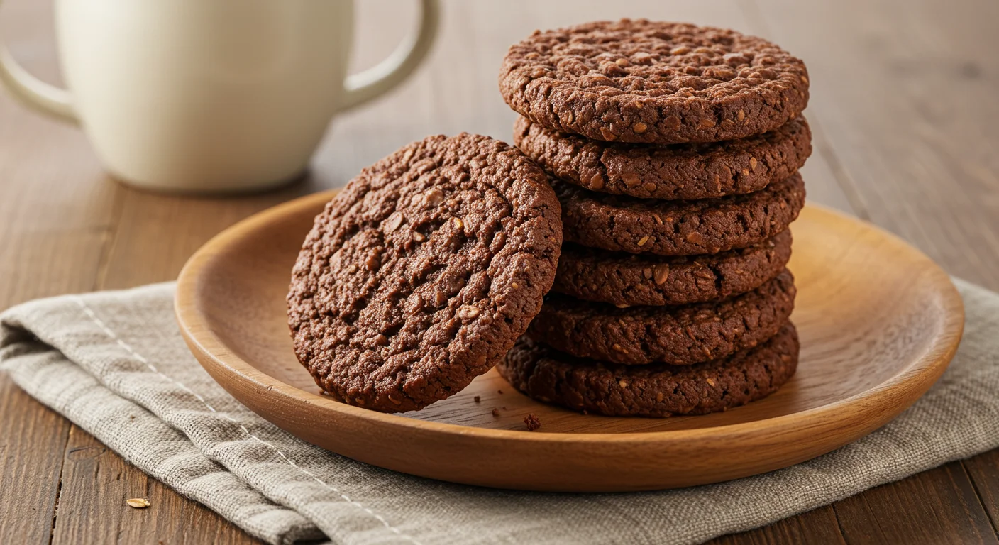 4 Ingredient WW Chocolate Oatmeal Cookies Hand holding a chocolate oatmeal cookie with cookies arranged on a ceramic plate in the background on a marble countertop.