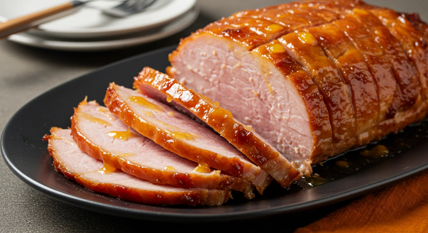 WW Glazed Turkey “Ham” Close-up of WW Glazed Turkey “Ham” slices on a white plate, glistening with peach glaze, taken from a handheld camera angle.