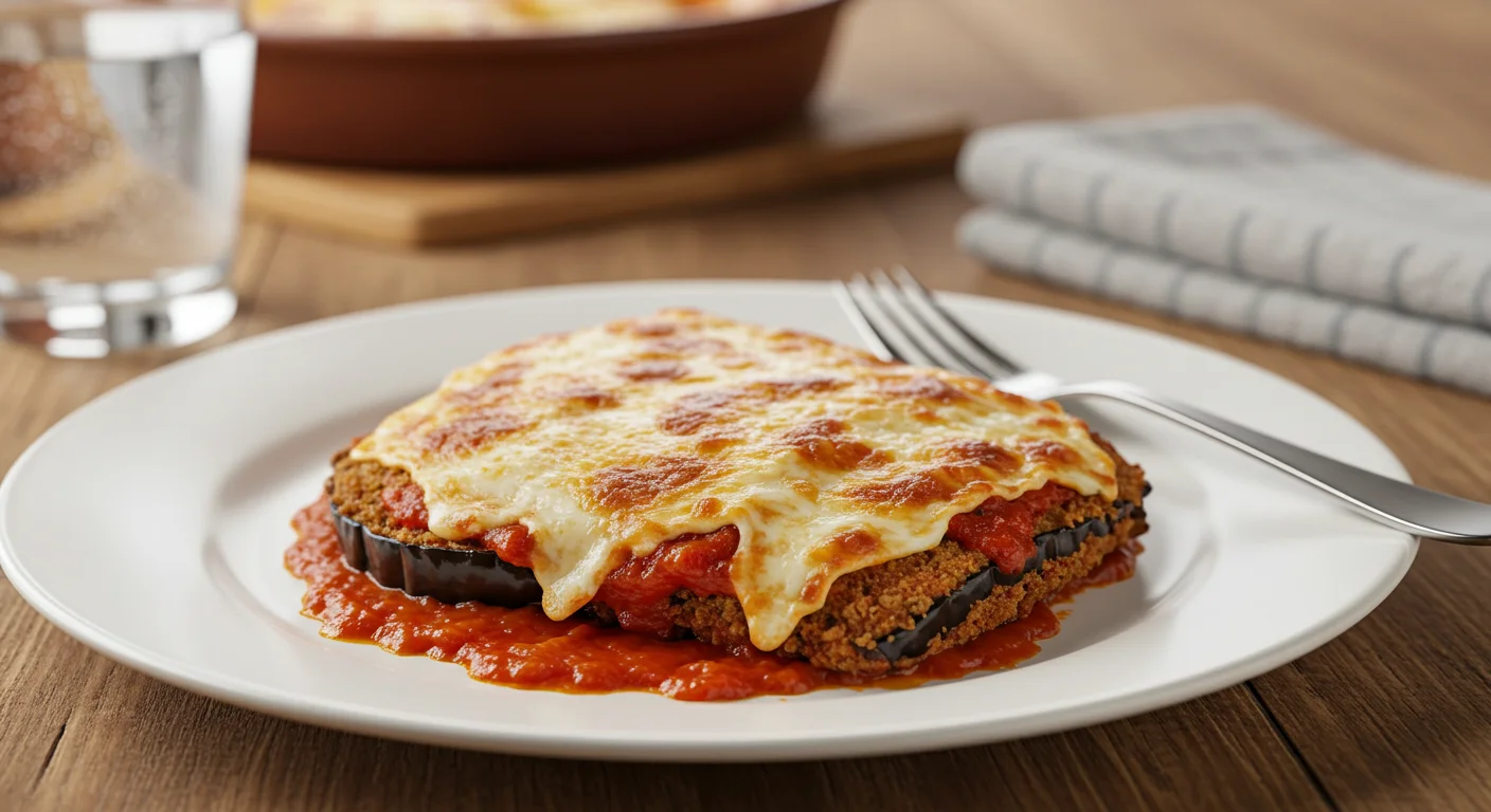 WW Eggplant Parmesan Close-up of Eggplant Parmesan with crispy cheese and marinara, served on a white plate with a fork, on a rustic wooden table.