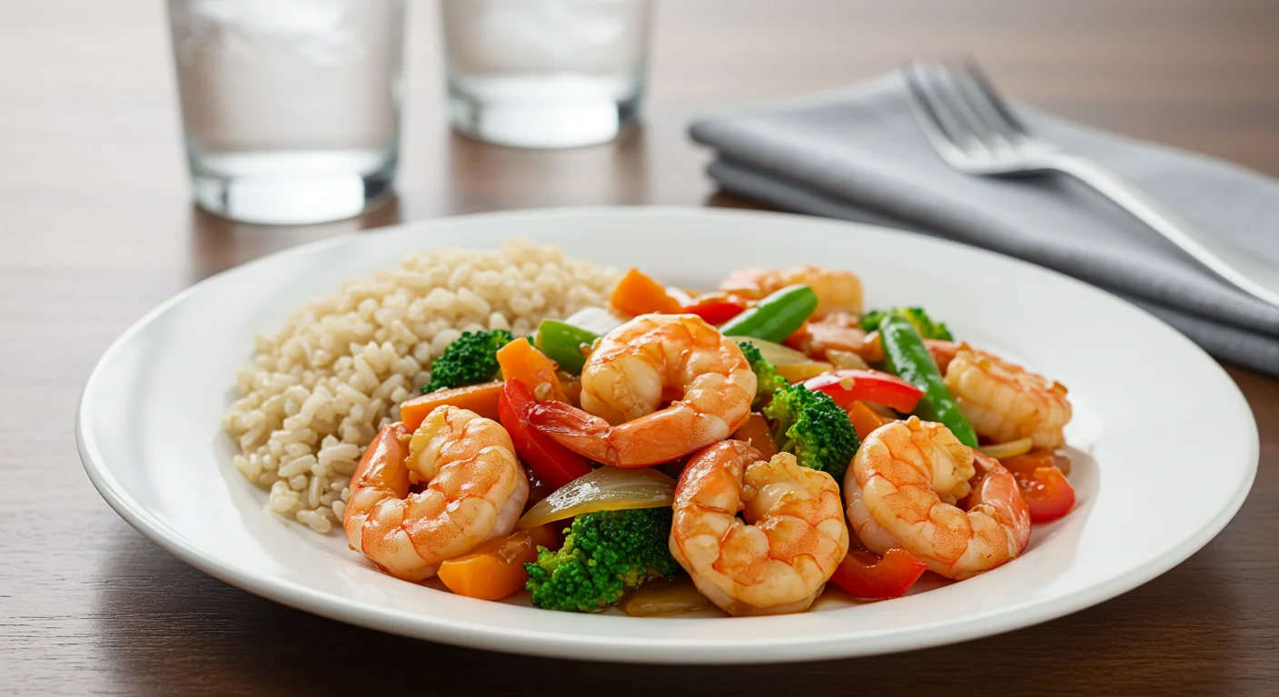 WW Shrimp Stir Fry Colorful WW Shrimp Stir Fry with brown rice, shot from a higher angle with natural lighting.