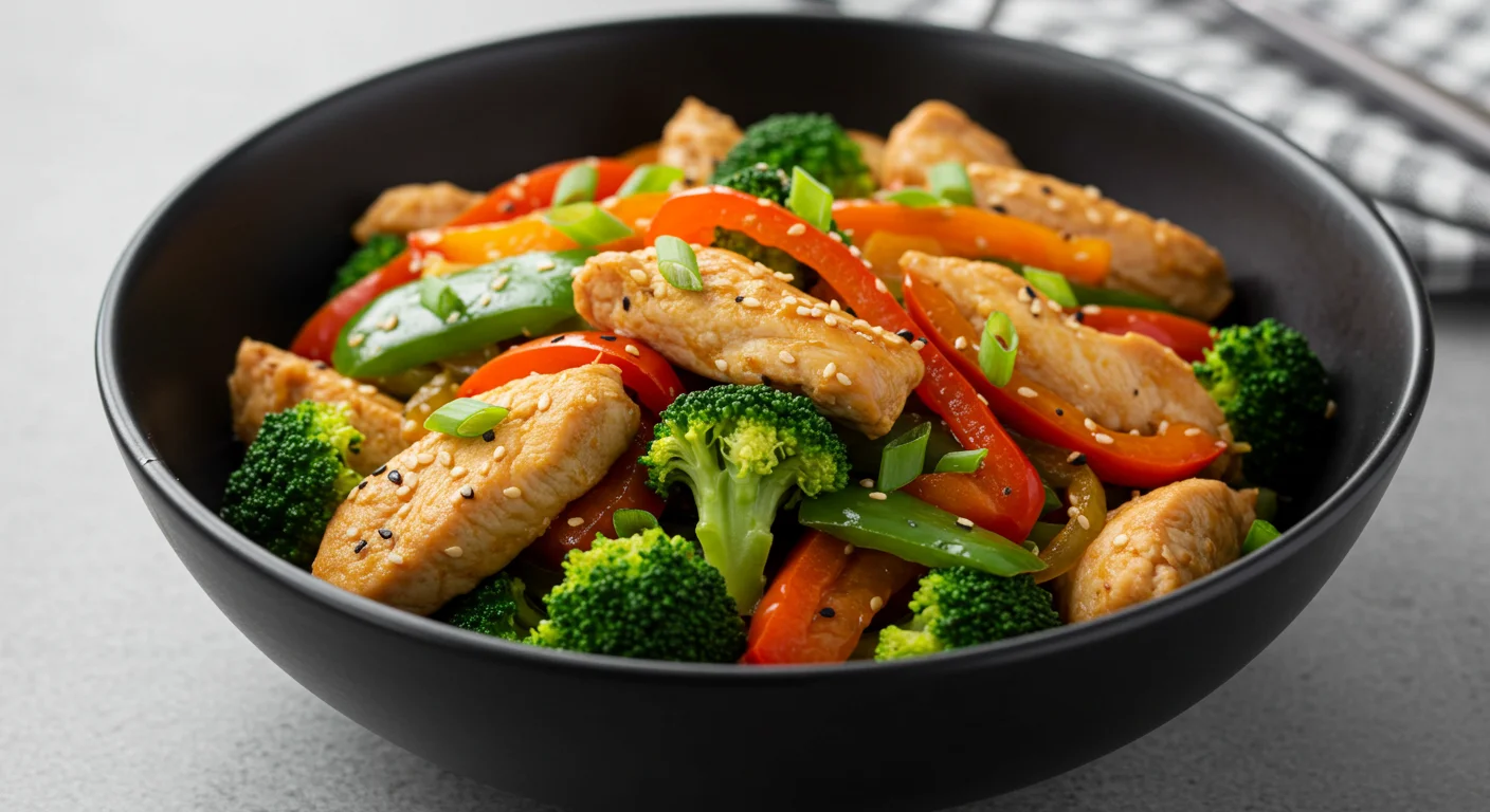 Zero Point WW Chicken Stir-Fry Side-angle view of zero-point WW chicken stir-fry in a black bowl with vibrant vegetables and chicken on a light glossy sauce.