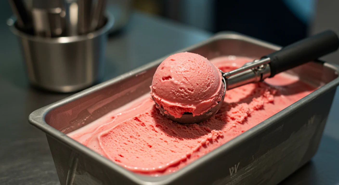 WW Zero Point Strawberry Ice Cream Close-up of a scoop of pink WW Zero Point Strawberry Ice Cream in a metal container with blurred kitchen tools in the background.