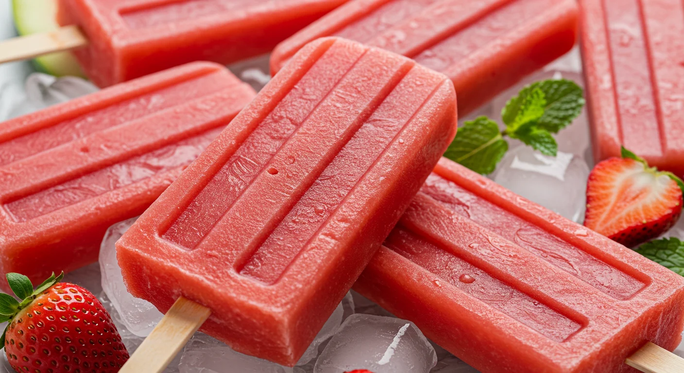 WW Zero Point Watermelon-Strawberry Popsicles Close-up of watermelon strawberry popsicles surrounded by ice, strawberries, and mint, with some popsicles in sharp focus and others softly blurred.