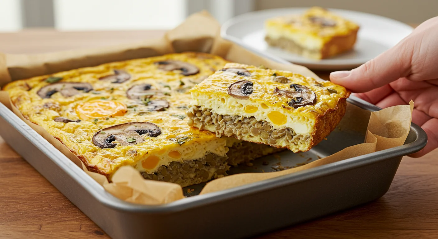 WW One-Point Protein-Packed Breakfast Side view of baked egg, lentil, and mushroom slice in a parchment tin, showing layers with a plate in the blurred background.