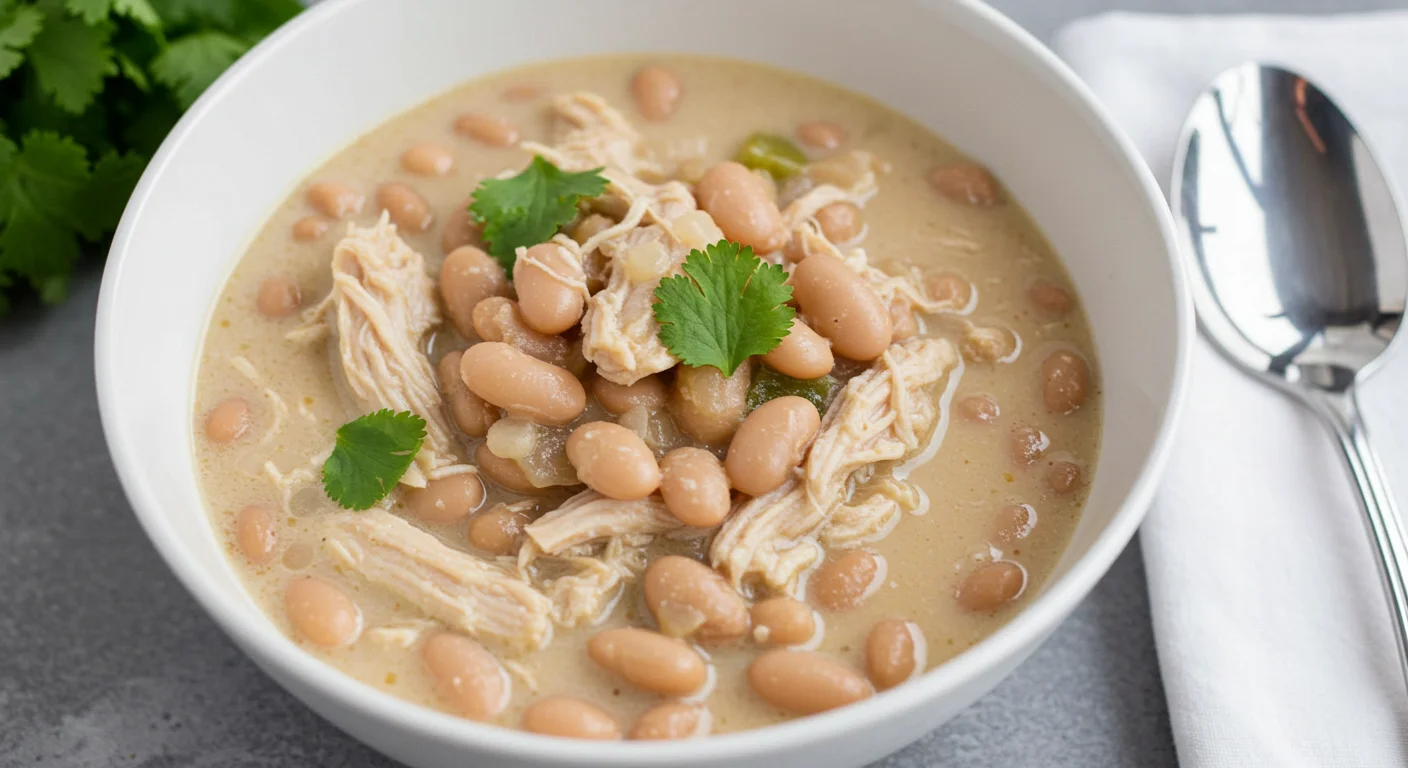 WW Zero Point White Chicken Chili Top-down handheld shot of WW zero-point white chicken chili, highlighting beans, chicken, and cilantro, with a napkin and spoon nearby.