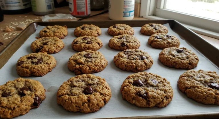 Keto Chocolate Chip Cookies Freshly baked keto cookies on a rustic plate, captured with a handheld camera, with almond milk in the background.