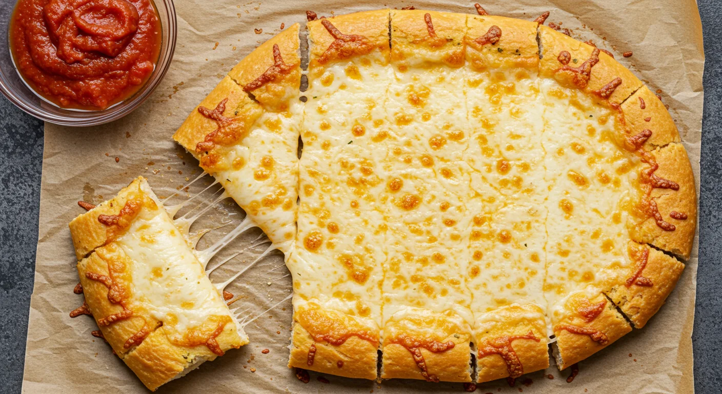 Cheesy Keto Garlic Bread Top view of cheesy keto garlic bread with golden crust and melted cheese, styled with marinara sauce and herbs.