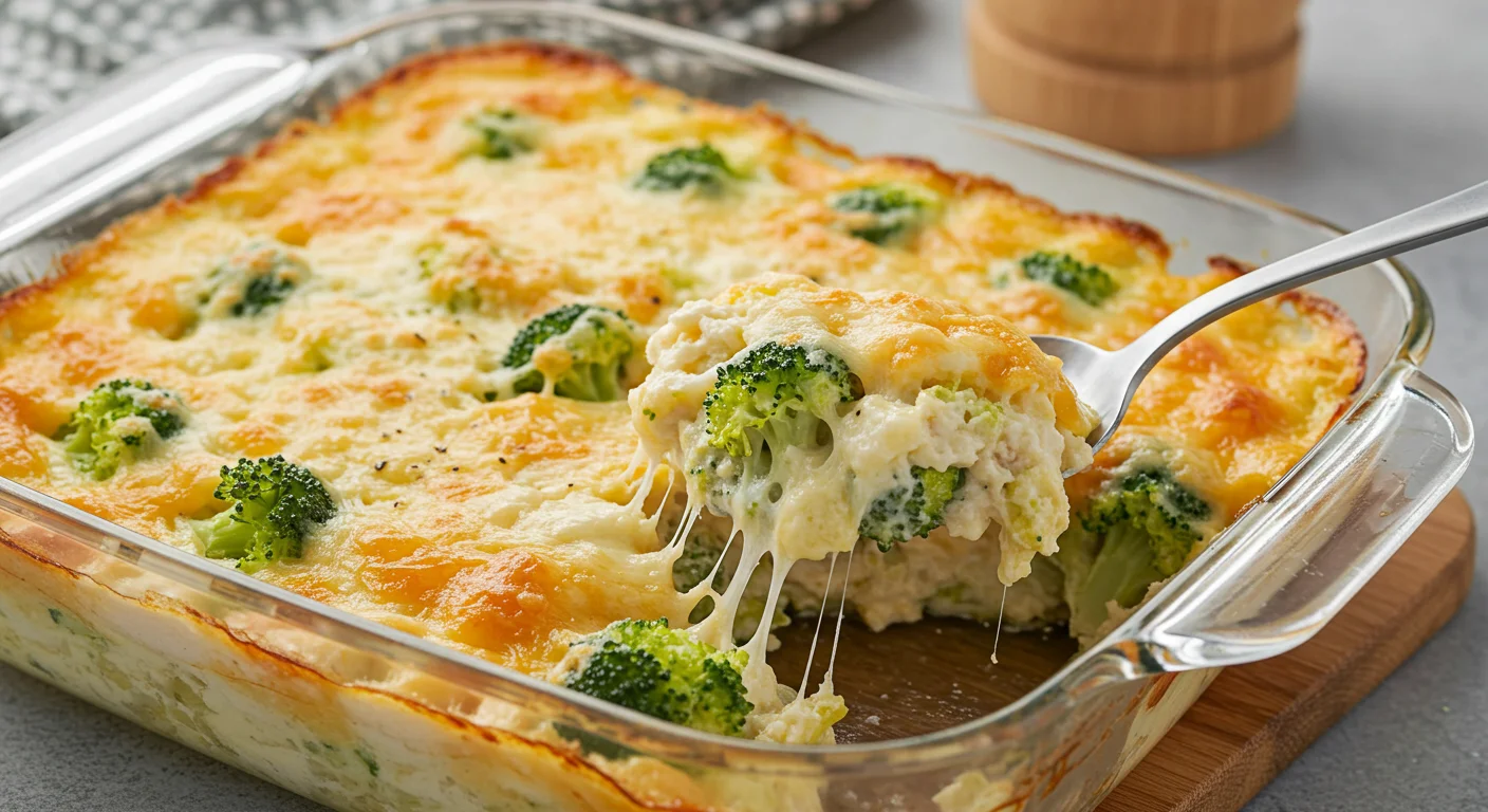 Chicken Broccoli Cream Cheese Casserole Angled view of bubbling Keto Chicken Broccoli Cream Cheese Casserole with a serving spoon in the dish.