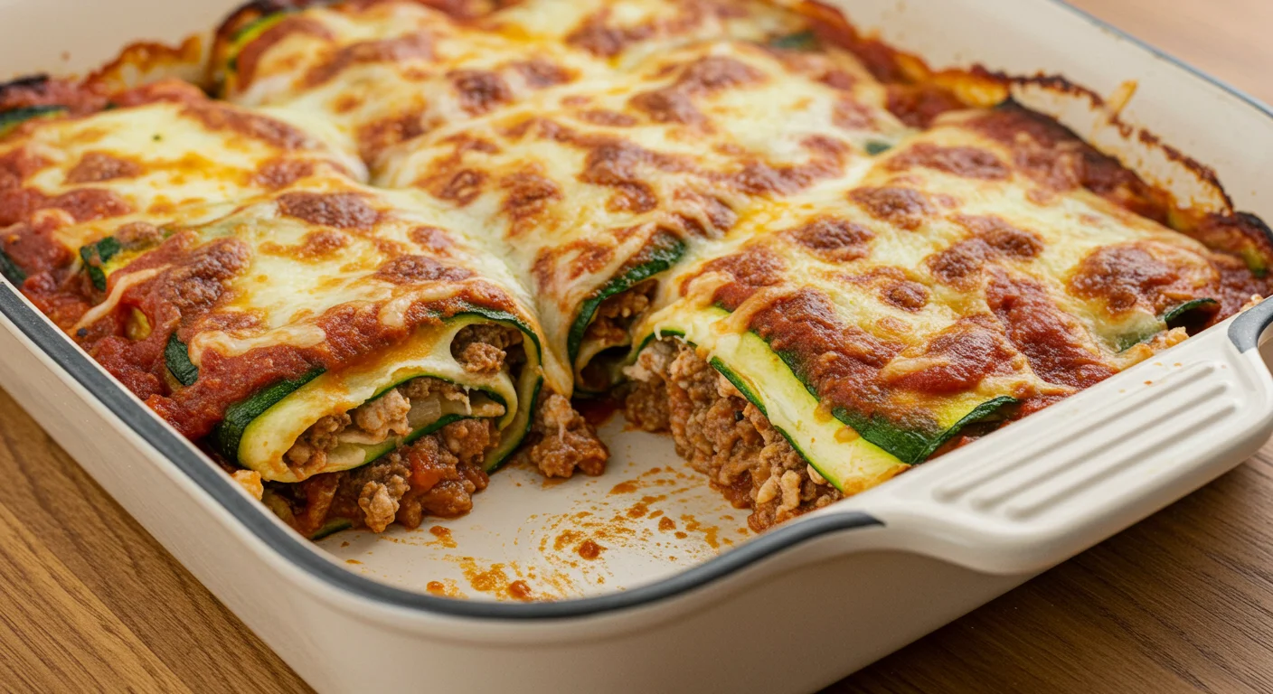 Zucchini Lasagna Roll Ups Side view of Zucchini Lasagna Roll-Ups in a baking dish, with one roll scooped out showing cheesy filling.