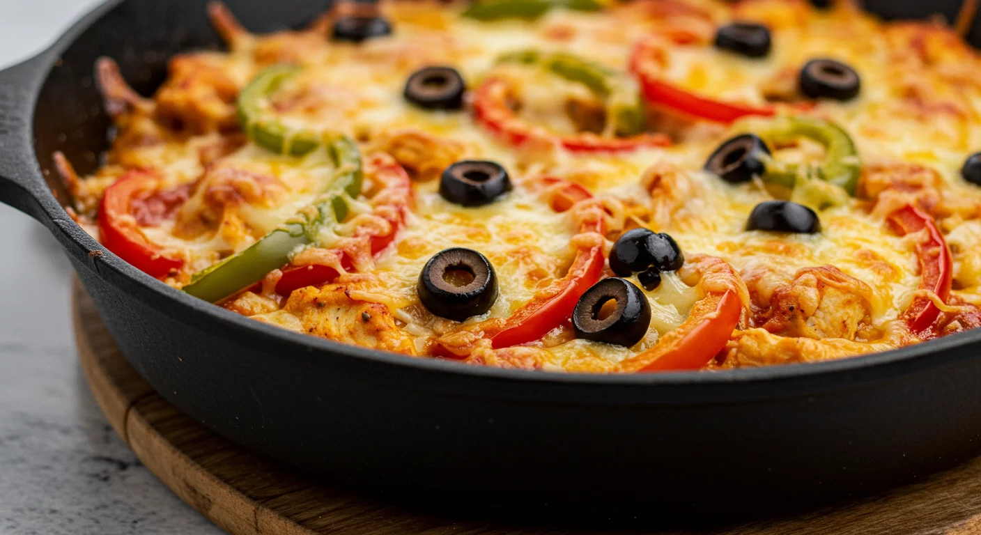 Keto Chicken Pizza Casserole Side view of Keto Chicken Pizza Casserole in a cast iron skillet, showing layers of melted cheese, chicken, peppers, and olives, captured in soft, cozy kitchen lighting.