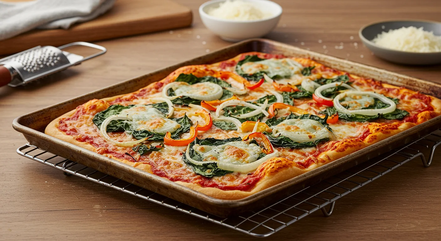 Crispy Sheet Pan Pizza Side view of a crispy sheet pan pizza on a cooling rack with bubbling cheese and scattered kitchen tools on the counter.