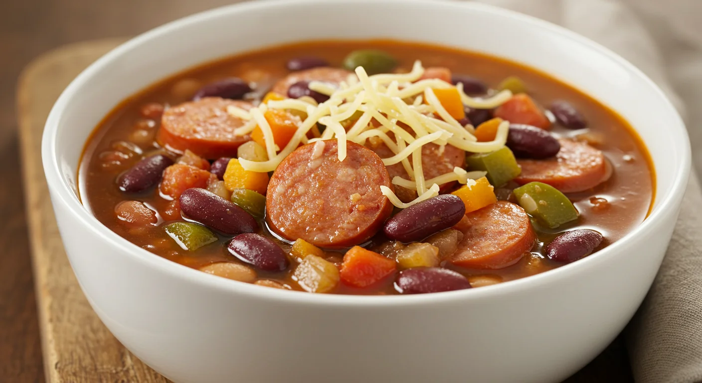 High-Protein Sausage & Kidney Bean Soup Close-up of high-protein sausage and kidney bean soup in a white bowl, highlighting colorful ingredients like zucchini, sausage, and cheese on a rustic table.