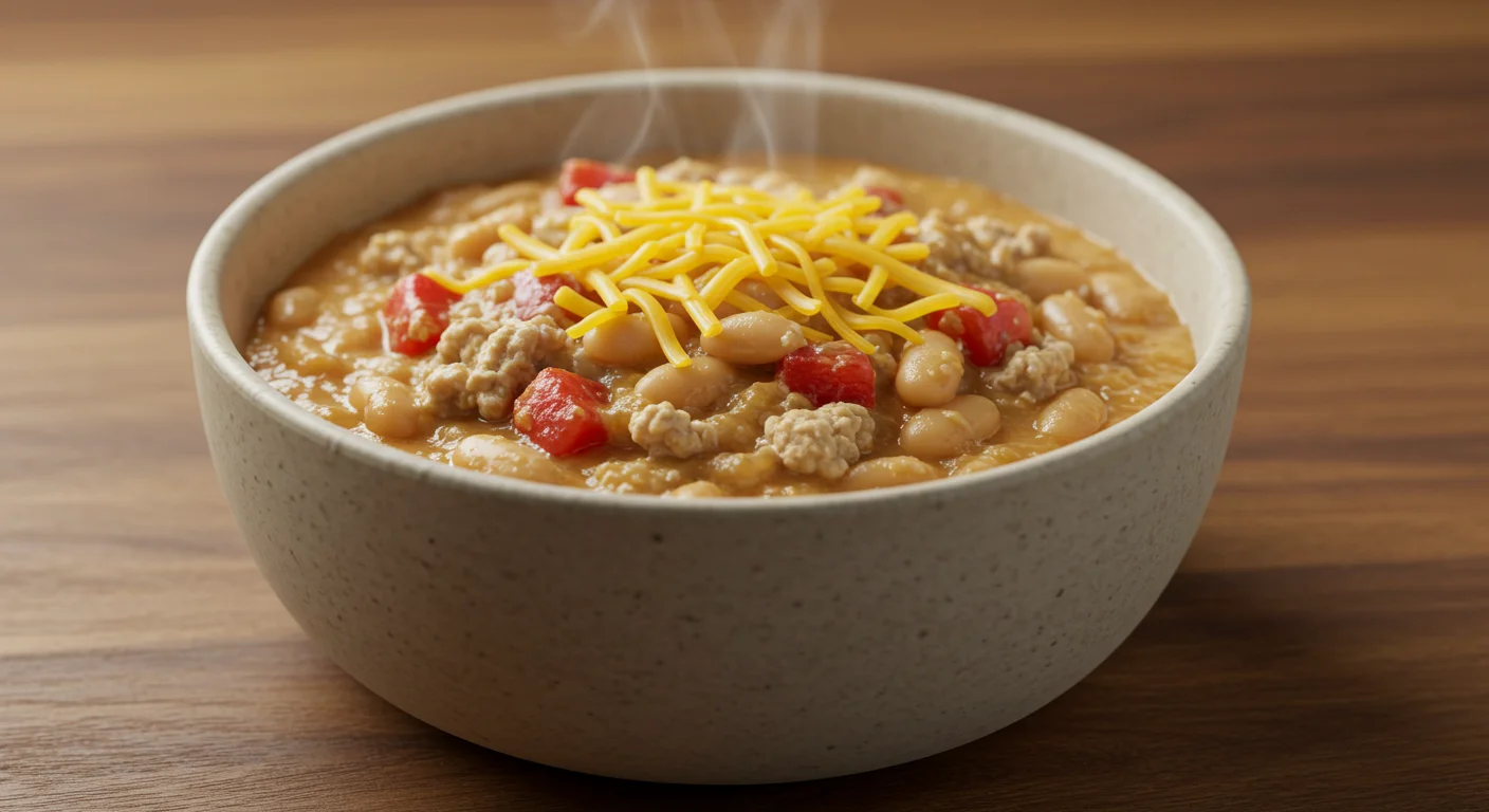 High-Protein White Turkey Chili Side view of creamy white turkey chili in a ceramic bowl, showing hearty chunks of turkey, beans, and zucchini.