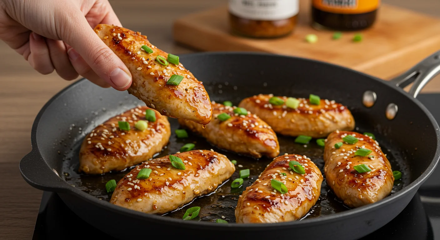 High-Protein Honey-Garlic Chicken Tenderloins Side-angle shot of honey-glazed chicken tenderloins in a skillet, garnished with scallions, with a blurred kitchen background and warm lighting.