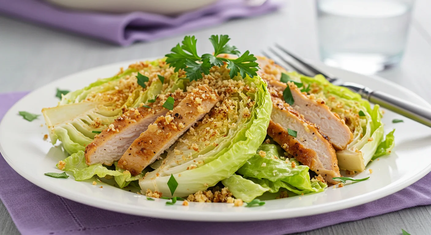 High-Protein Caesar Salad Close-up of roasted cabbage Caesar salad with chicken, showing crispy breadcrumbs and parsley on a white plate with a soft background.