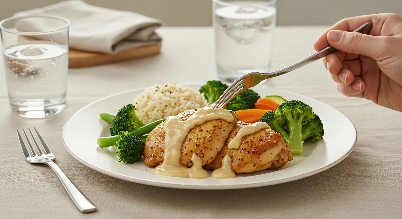 WW Instant Pot Honey Mustard Chicken Hand holding a fork over WW Pot Honey Mustard Garlic Chicken on a classy white plate with steamed vegetables and creamy sauce, in a professional setting.