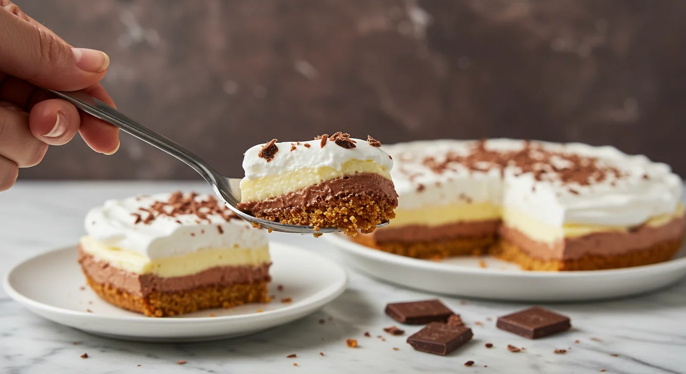 Keto Low Carb Dessert Bliss Hand holding a spoonful of Keto Low Carb Dessert Bliss with visible layers, while the remaining dessert sits elegantly on a marble countertop in the background.