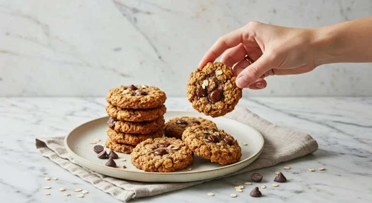 Keto Chocolate Chip Cookies Hand holding a keto cookie with melty chocolate chips, with a plate of cookies on a wooden table in the background.