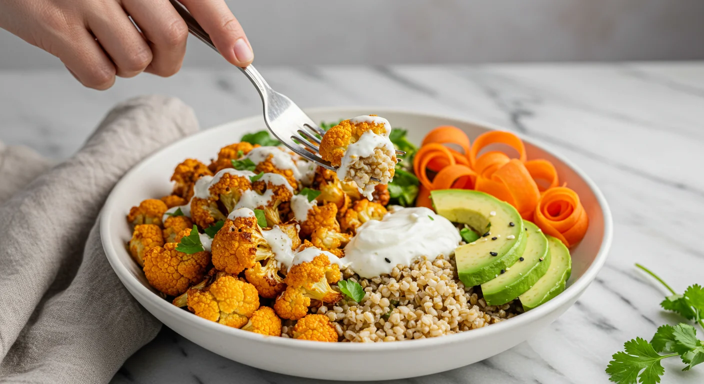 High-Protein Buffalo Cauliflower Bowl Side view of Buffalo cauliflower grain bowl with roasted cauliflower, avocado, carrot ribbons, and celery on brown rice. Rustic, casual setting.