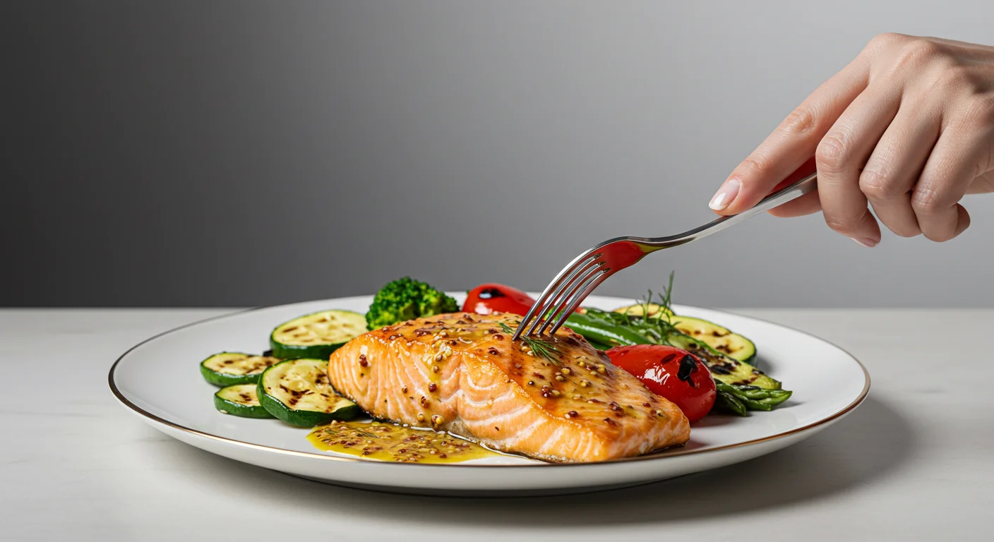 High-Protein Grilled Salmon & Veggies Professionally styled plate of mustard-dill salmon and veggies with a hand holding a fork, set against a clean, minimal background.