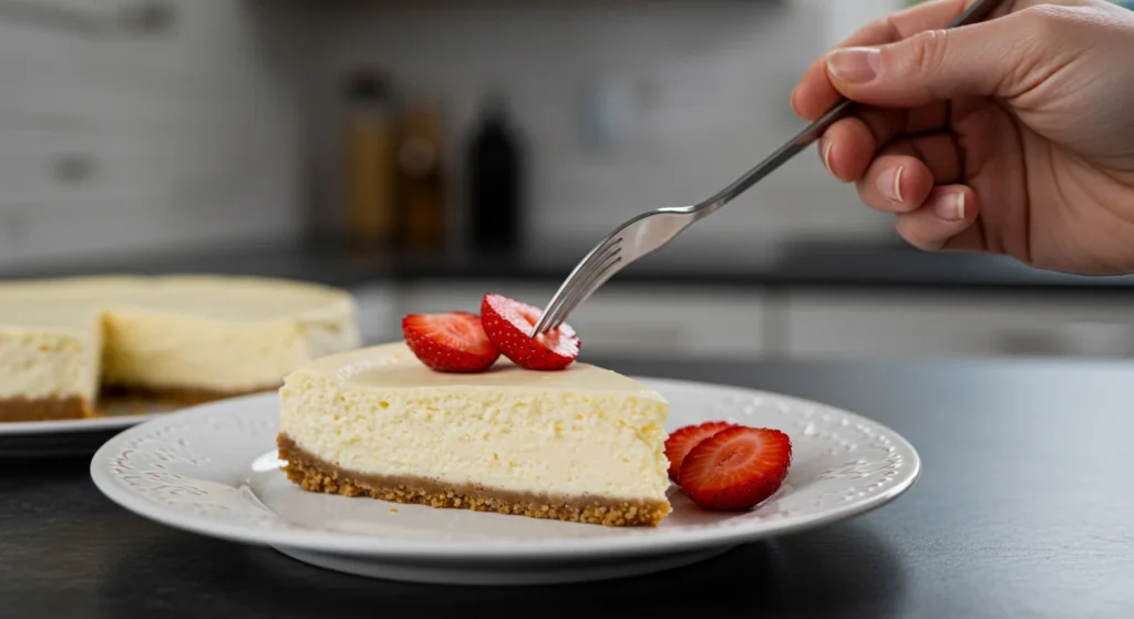 Keto Cheesecake A hand holding a fork above a keto cheesecake slice on a white plate, garnished with strawberries, with a blurred background and soft lighting.