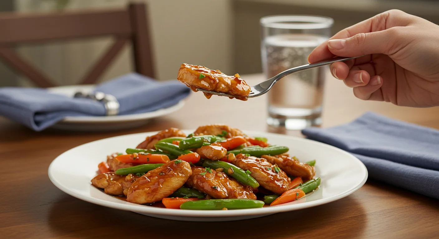 Zero Point WW Chicken Stir-Fry A hand holding a fork with chicken and veggies from a classy plate of zero-point WW chicken stir-fry on a blurred dining setup.