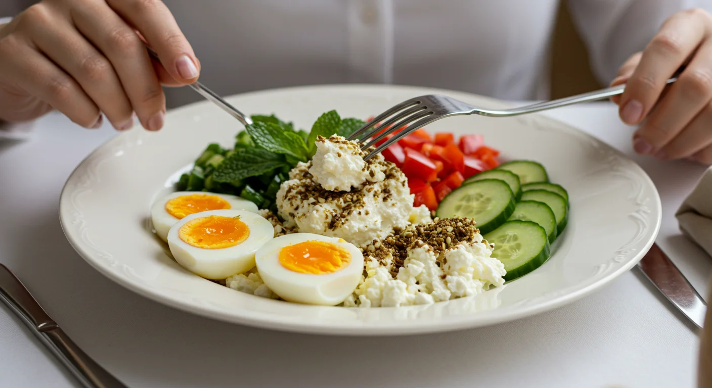 High-Protein Cottage Cheese Salad High-Protein Salad Cottage Cheese Bowl on a white plate, with a hand holding a fork, featuring eggs, vegetables, mint, and za’atar in a professional setting.