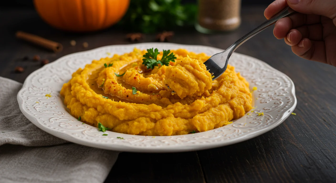 Zero-Point WW Spiced Pumpkin Mash Plate of spiced pumpkin mash garnished with parsley and paprika. A hand holds a fork with a bite of mash, styled on a wooden table with soft lighting.