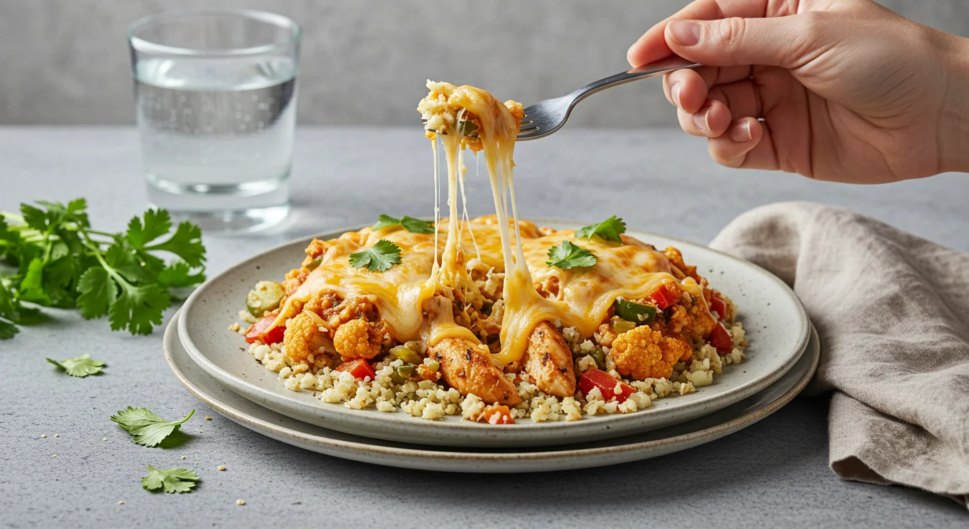 Keto Mexican Cheesy Chicken Skillet Plated Keto Mexican Cheesy Chicken Skillet with a hand holding a fork above. Melted cheese, chicken, and veggies styled with a napkin and glass of water.